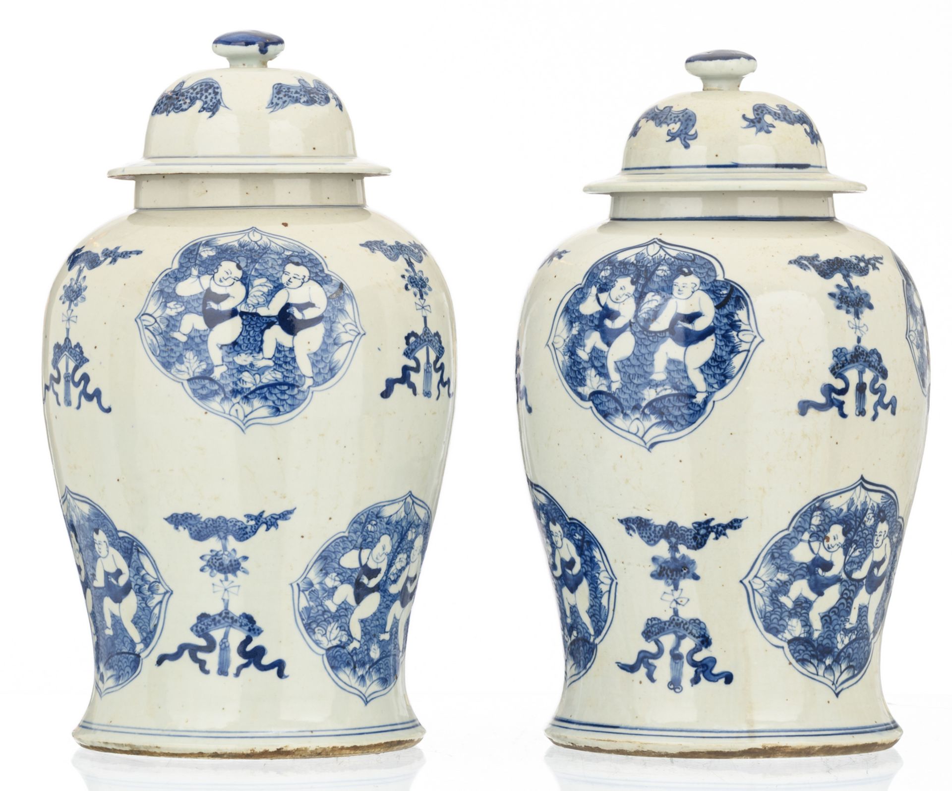 A pair of Chinese blue and white decorated vases and covers with auspicious symbols, the roundels - Image 3 of 6