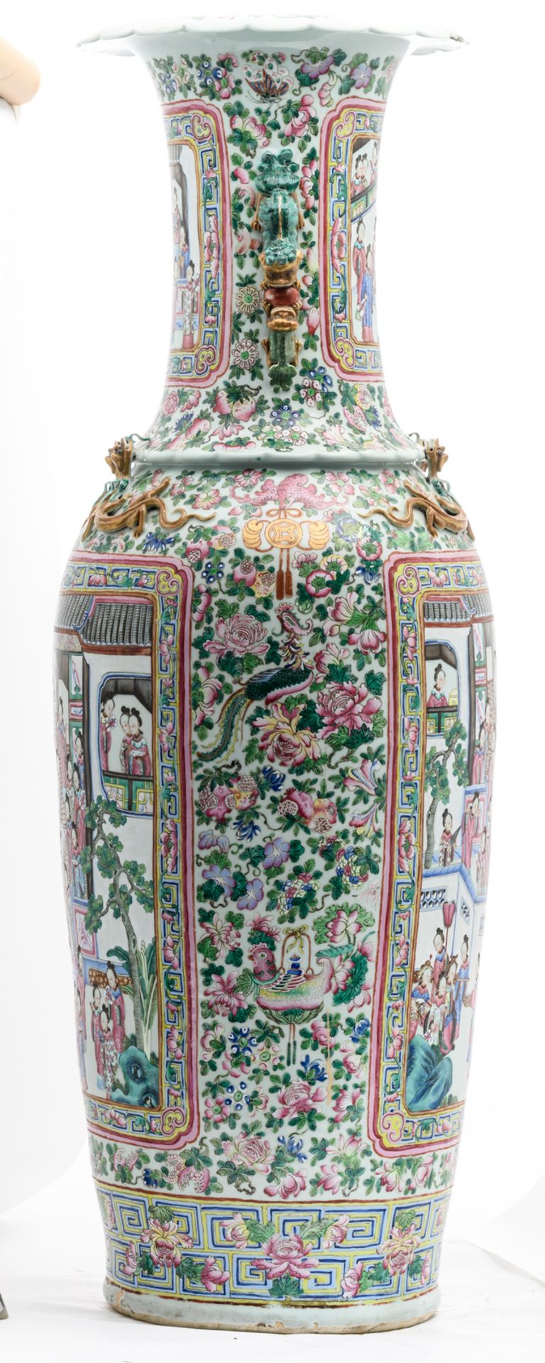 An impressive Chinese famille rose floral and relief decorated vase with dragons and Fu lions, the - Image 4 of 6