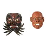 Two Japanese polychrome lacquered Nô theatre masks, H 20 - 25 cm