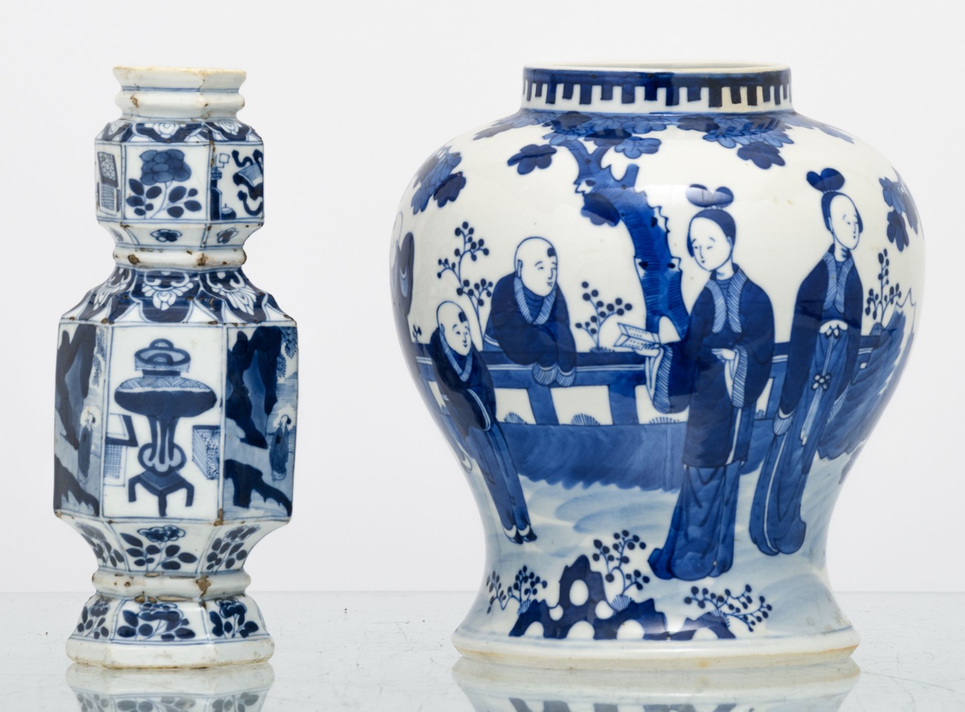 Various Chinese blue and white decorated porcelain items depicting figures in different - Image 6 of 18