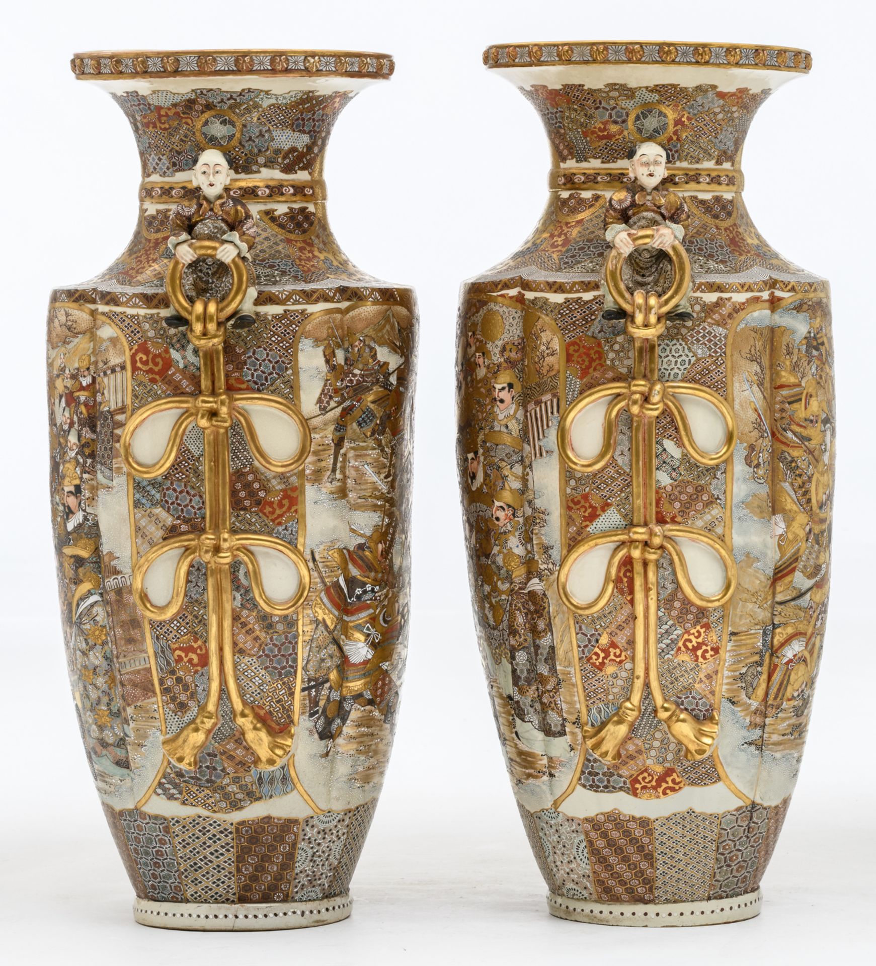 A fine pair of Japanese Satsuma and relief decorated vases on ditto soccles, late Edo period, H - Image 2 of 13