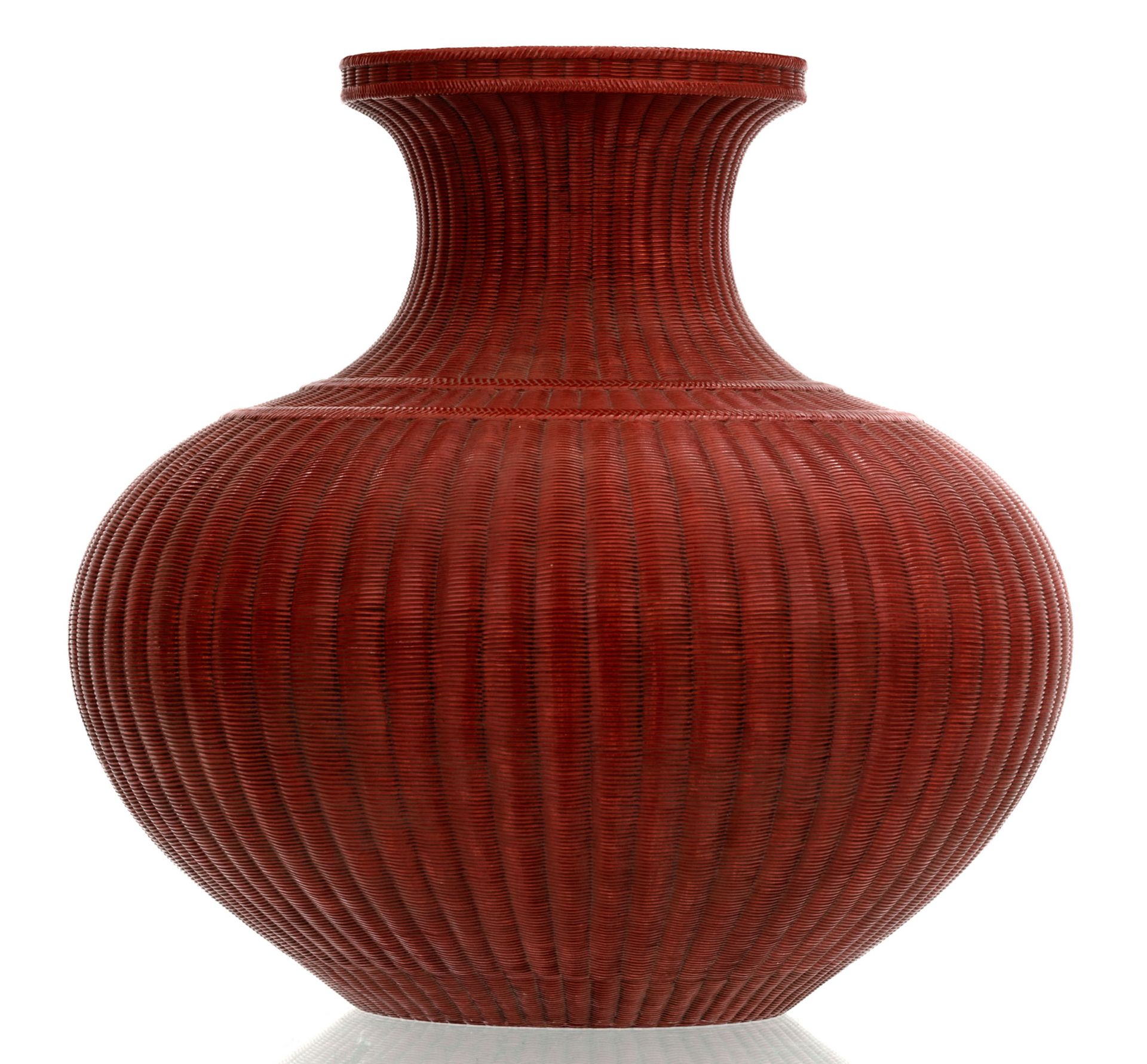A fine Chinese red brown glazed reed basket shaped vase with a Yongzheng mark, H 40,5 cm - Image 4 of 7