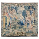 A fine 17thC Flemish wool and silk tapestry depicting a sacred history, marked 'Brabant - Brussels',