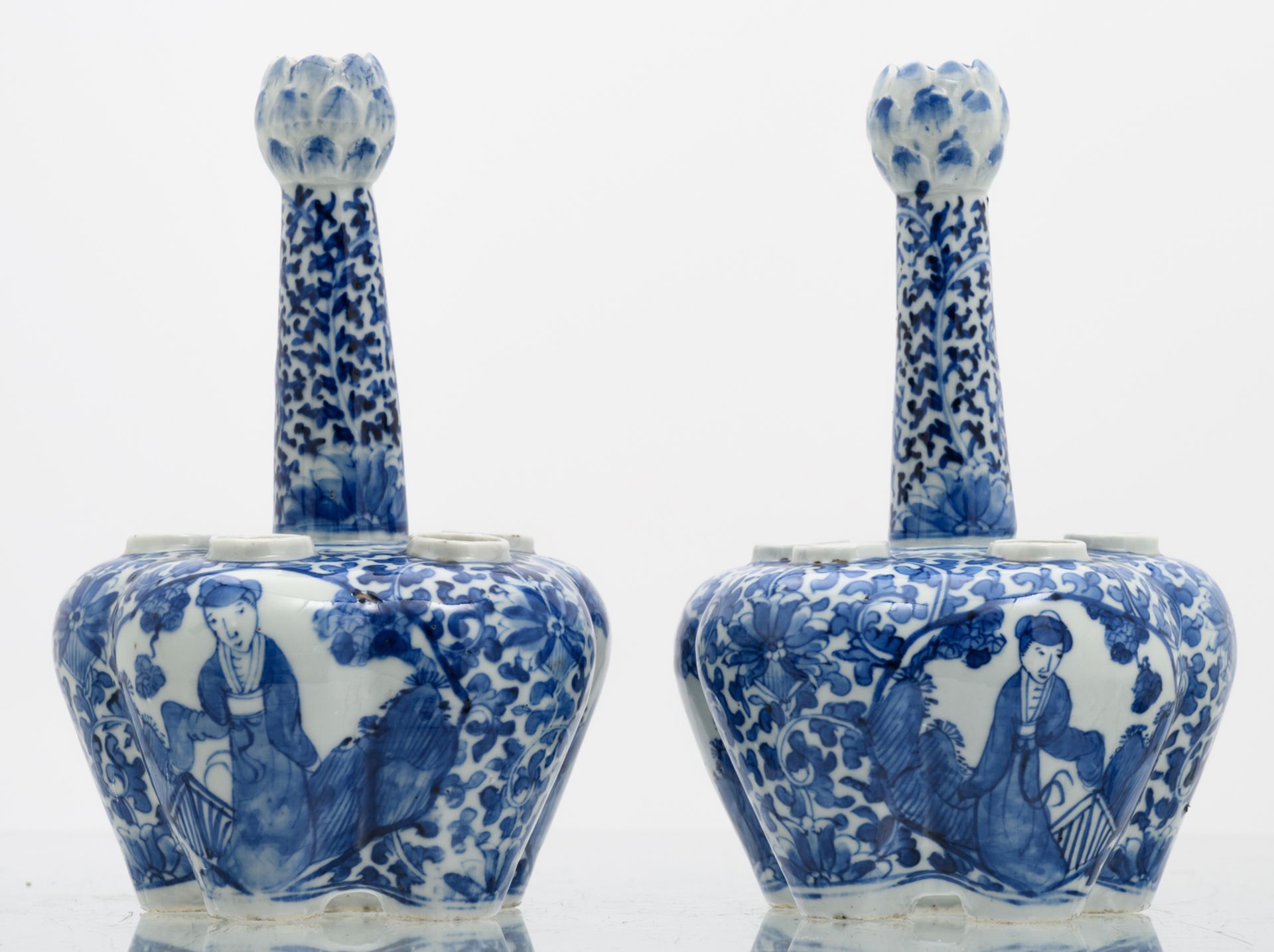 A pair of Chinese blue and white floral and relief decorated tulip vases, the roundels with - Image 2 of 7