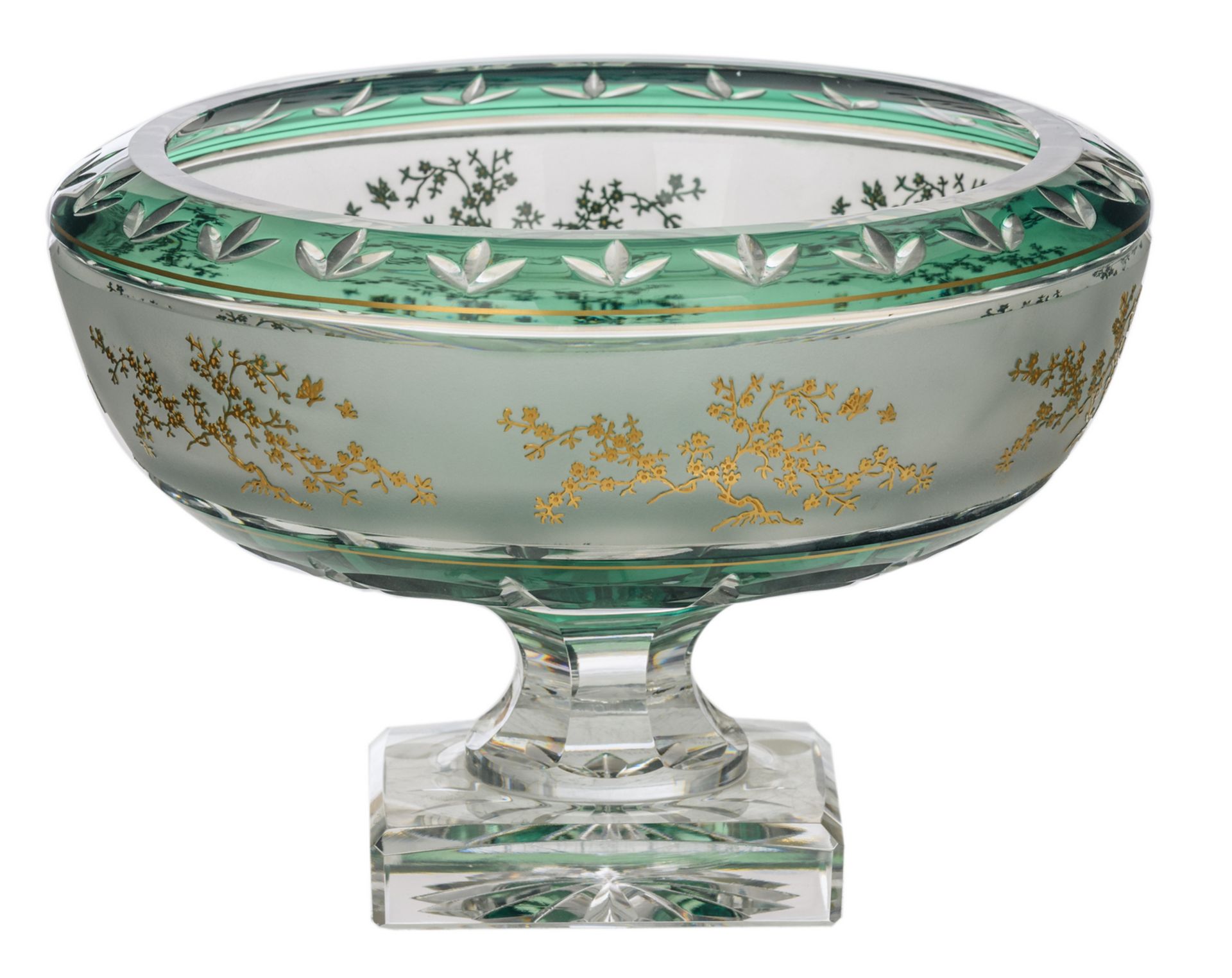 A decorative green overlay Val-Saint-Lambert crystal cut bowl on foot, acid-bitten frieze and relief