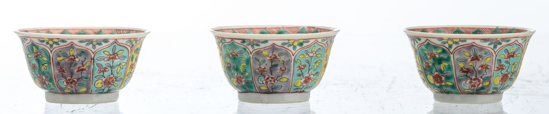 Six Chinese polychrome floral decorated cups and saucers, 18thC, H 2 - 5 cm - Image 7 of 9