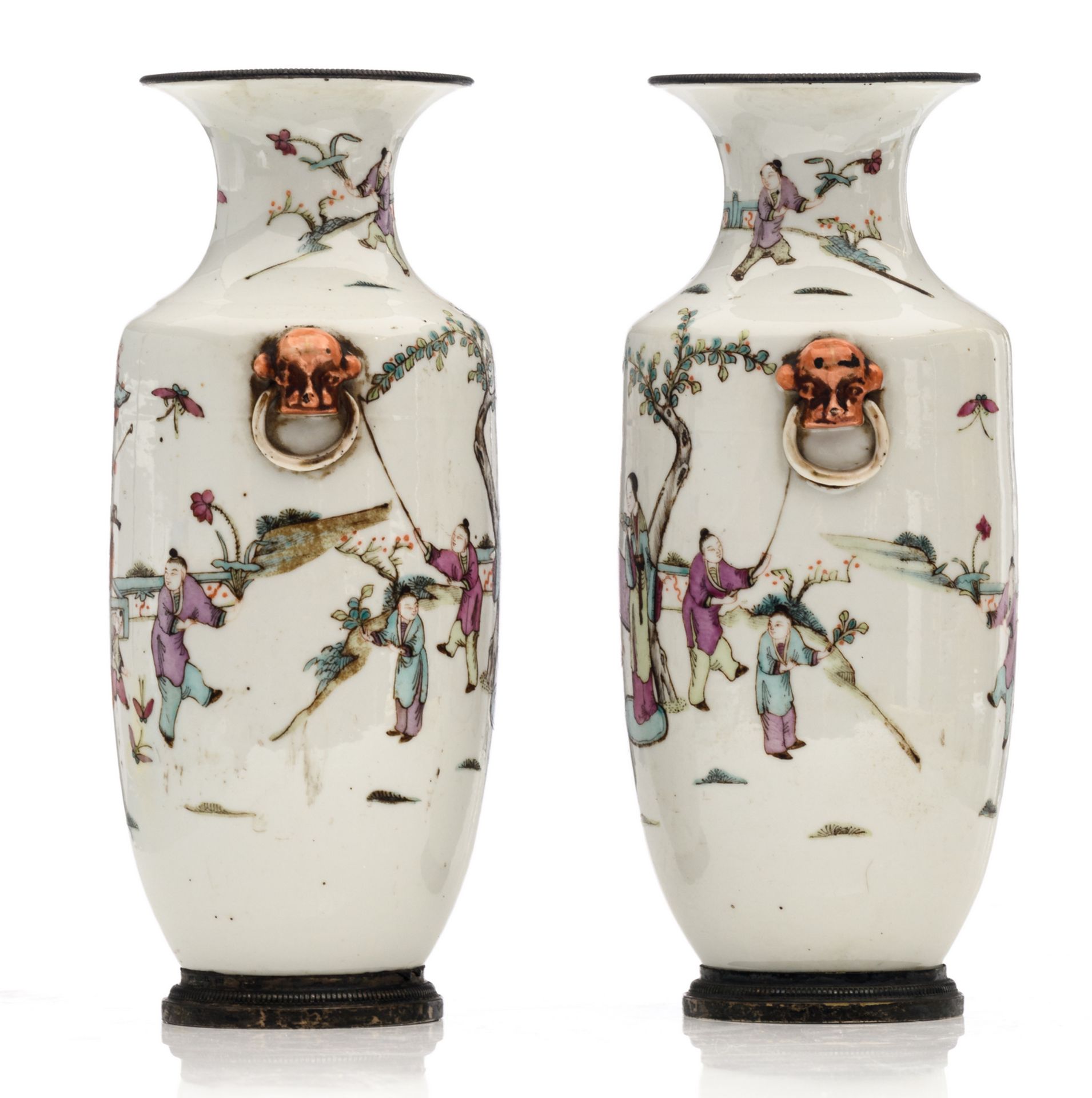 A pair of Chinese famille rose vases, overall decorated with an animated scene, with silver - Image 4 of 6