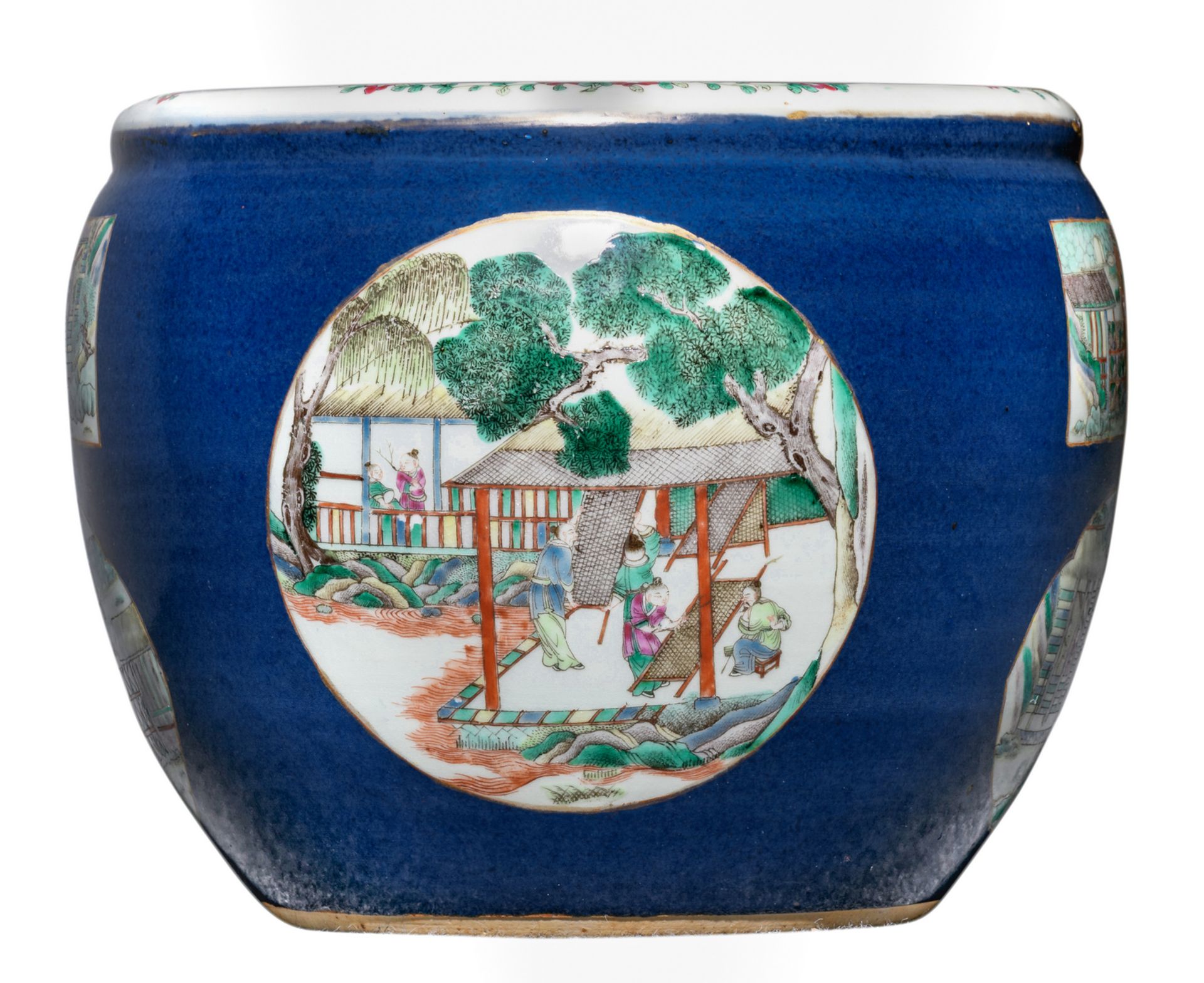 A Chinese bleu poudré jardiniere, the roundels famille verte, decorated with various animated scenes - Image 2 of 7