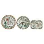 Three Chinese famille verte dishes decorated with various animated scenes, 18th - 19thC, H 3 - 4,5 -