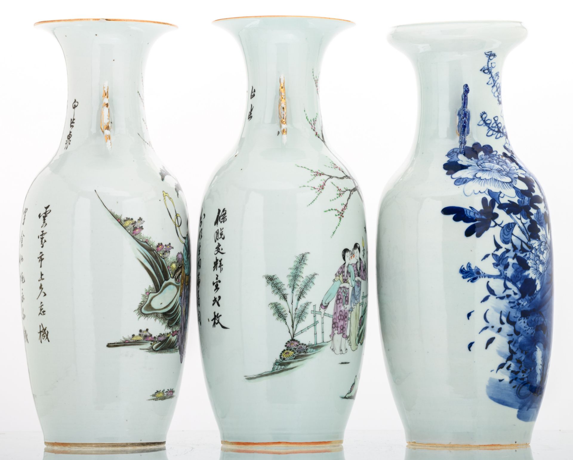 Two Chinese polychrome decorated vases with a gallant garden scene and calligraphic texts; added a - Image 4 of 8