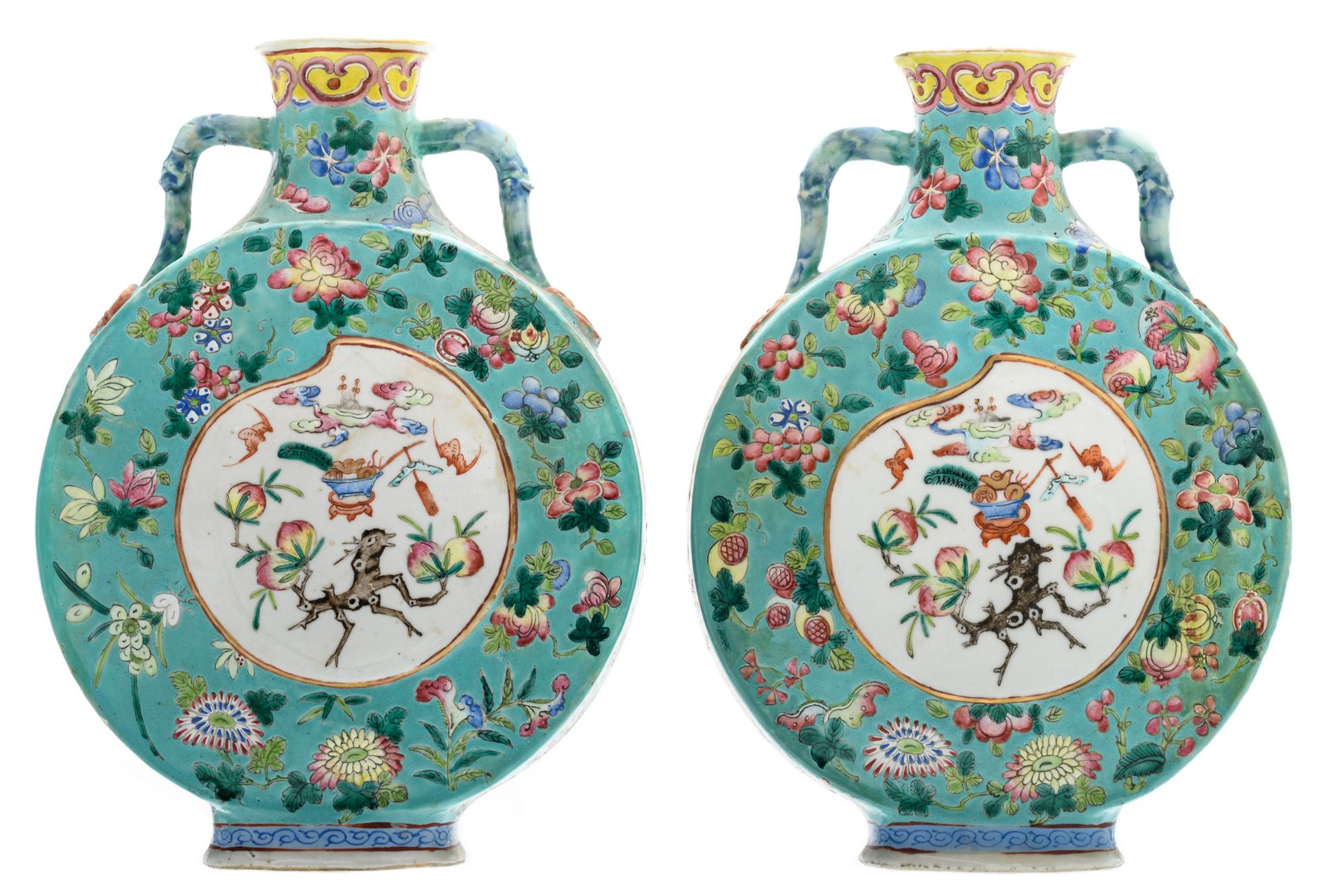 Two Chinese turquoise ground famille rose floral decorated moon flasks, the roundels with auspicious