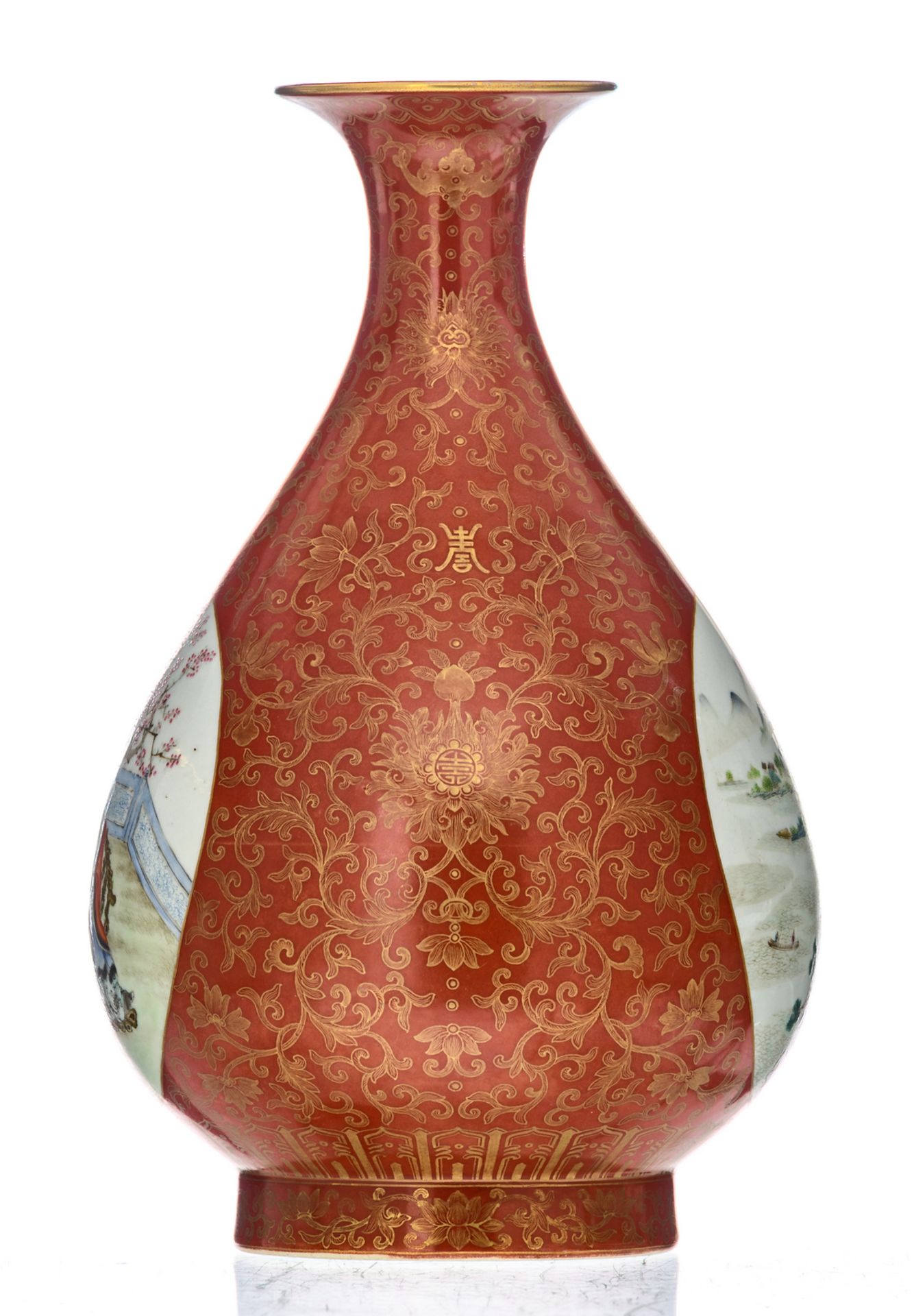 A Chinese kinrande decorated pear shaped vase, the roundels famille rose with a scholar in a - Image 2 of 6