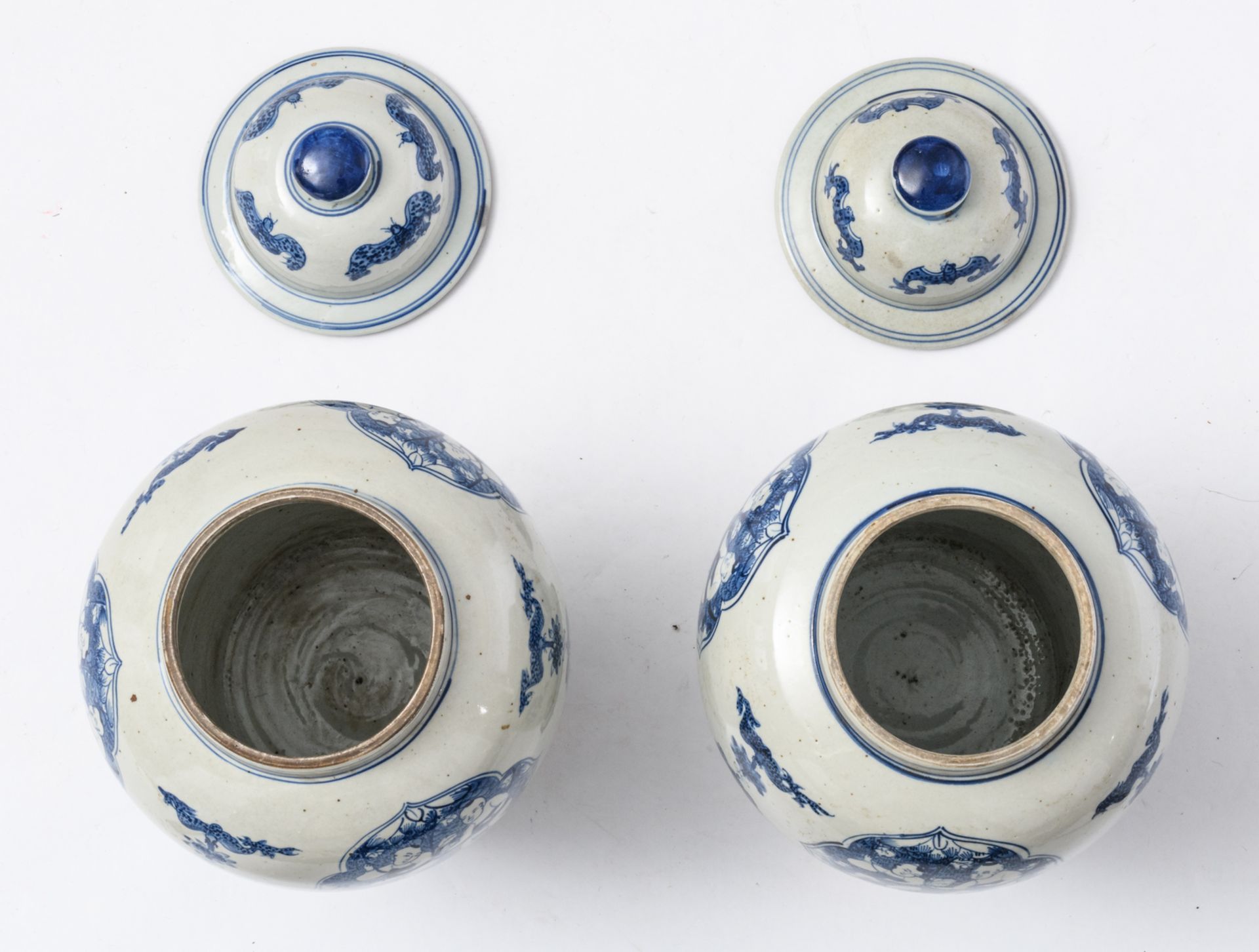 A pair of Chinese blue and white decorated vases and covers with auspicious symbols, the roundels - Image 5 of 6