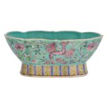 A Chinese oval lobed turquoise ground footed bowl, floral decorated with phoenix, H 10 - W 24,5 -