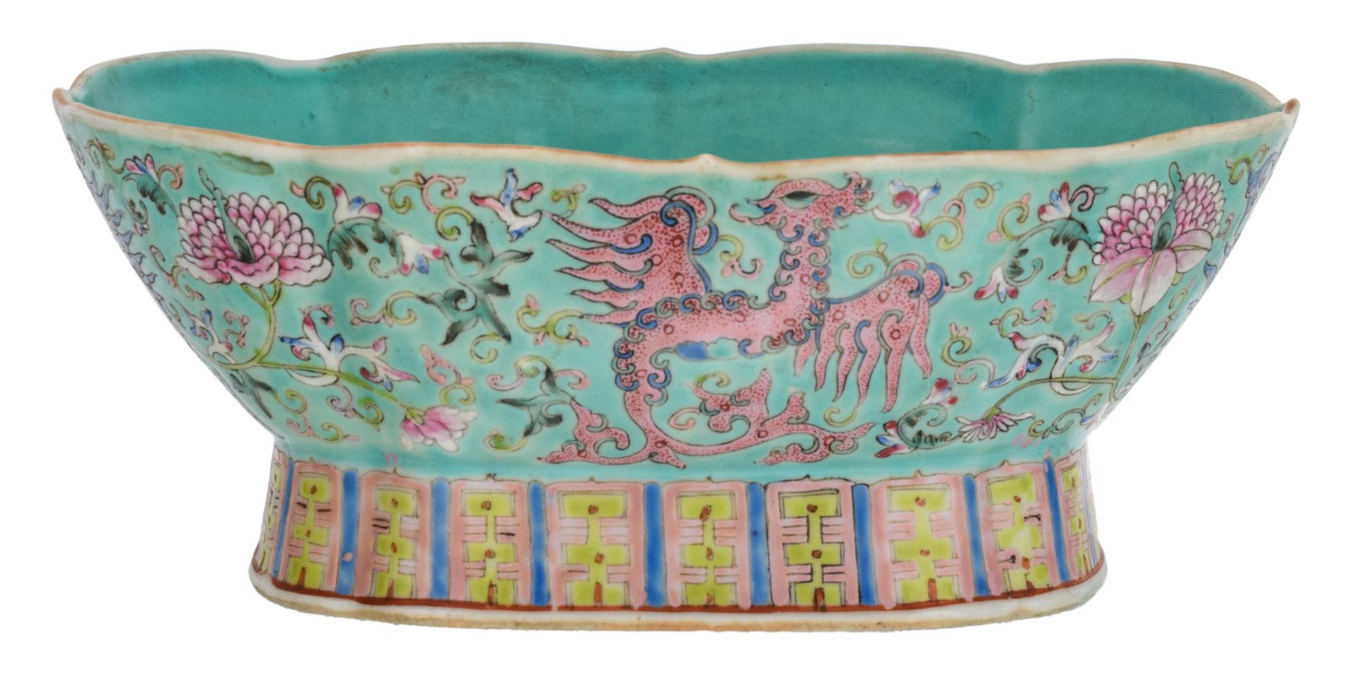 A Chinese oval lobed turquoise ground footed bowl, floral decorated with phoenix, H 10 - W 24,5 -