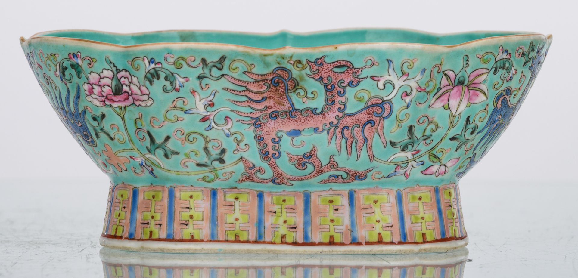 A Chinese oval lobed turquoise ground footed bowl, floral decorated with phoenix, H 10 - W 24,5 - - Image 4 of 7