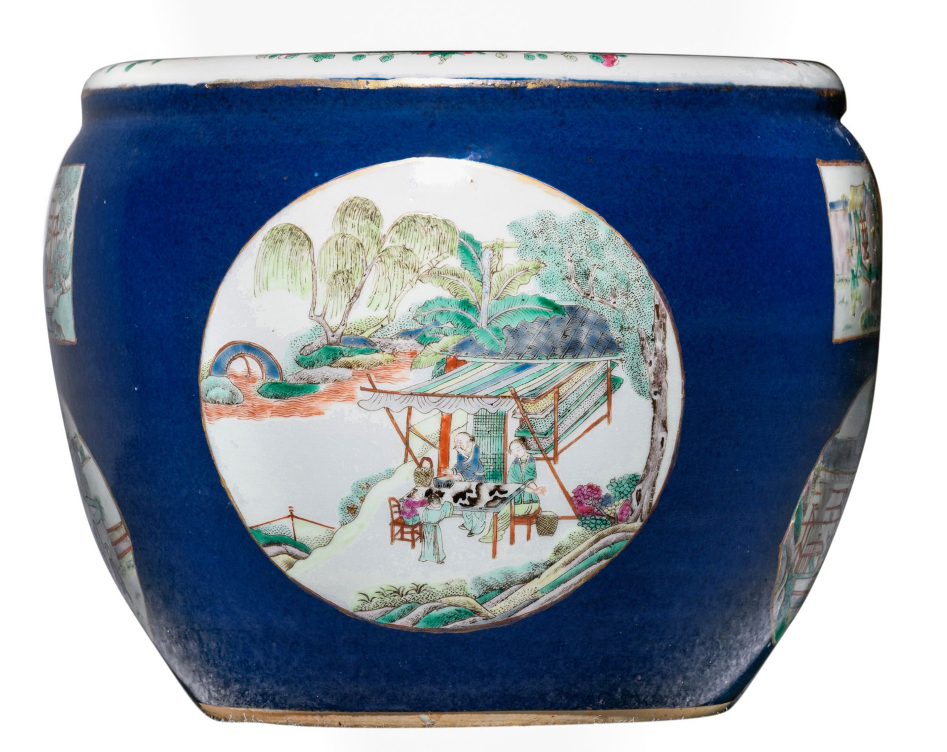 A Chinese bleu poudré jardiniere, the roundels famille verte, decorated with various animated scenes - Image 4 of 7