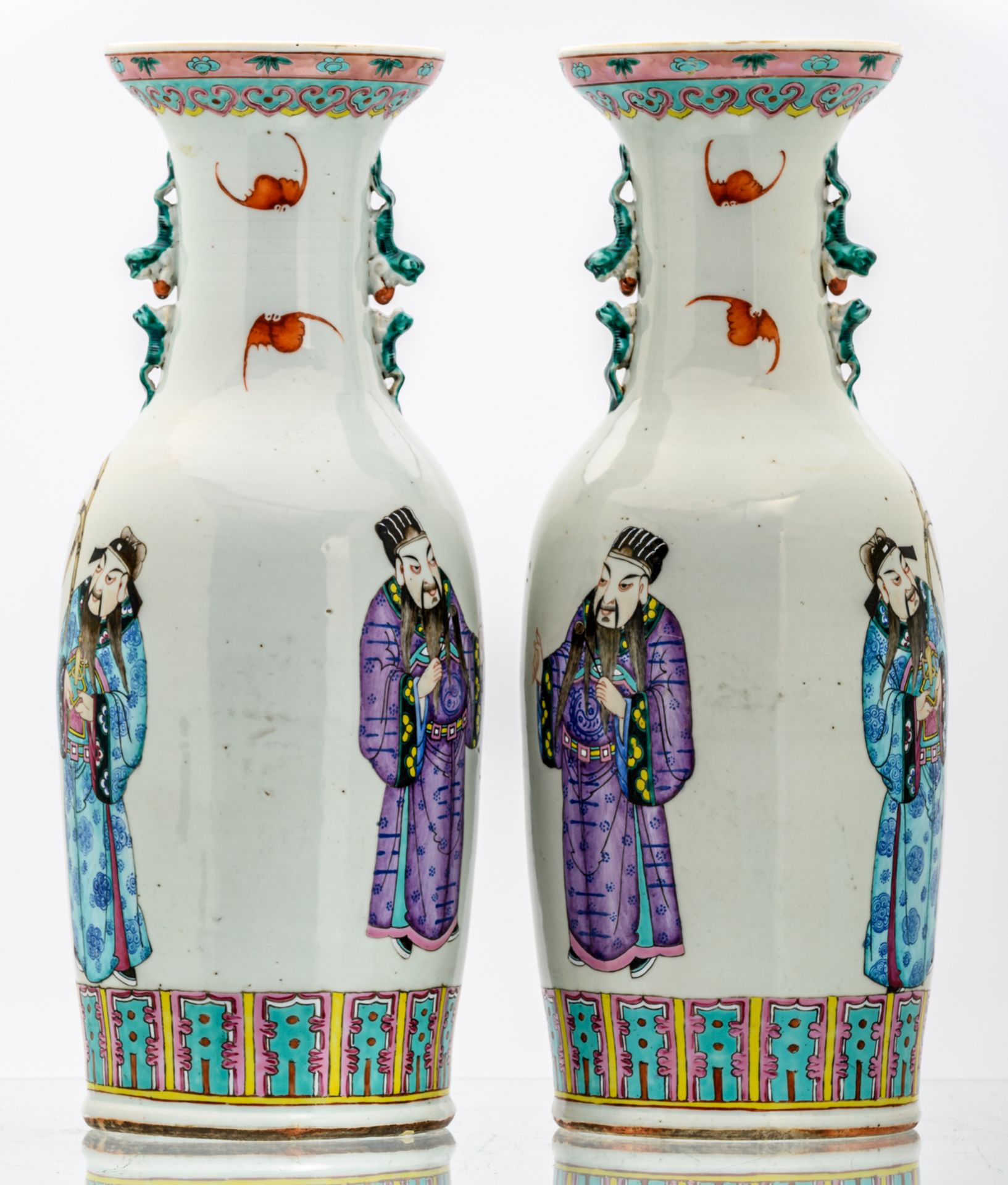 A pair of Chinese famille rose and polychrome decorated vases with figures and bats, 19thC, H 59,5 - Image 3 of 6