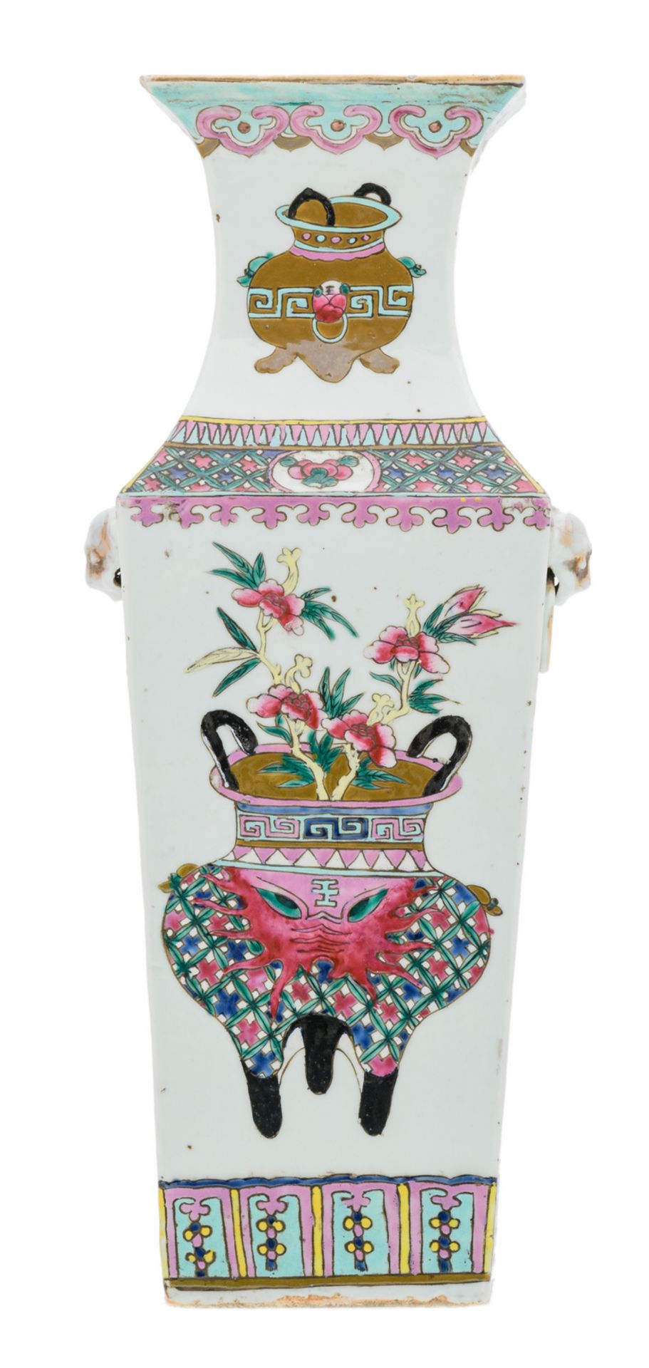 A Chinese famille rose quadrangular vase, decorated with flower vases and calligraphic texts, 19thC,