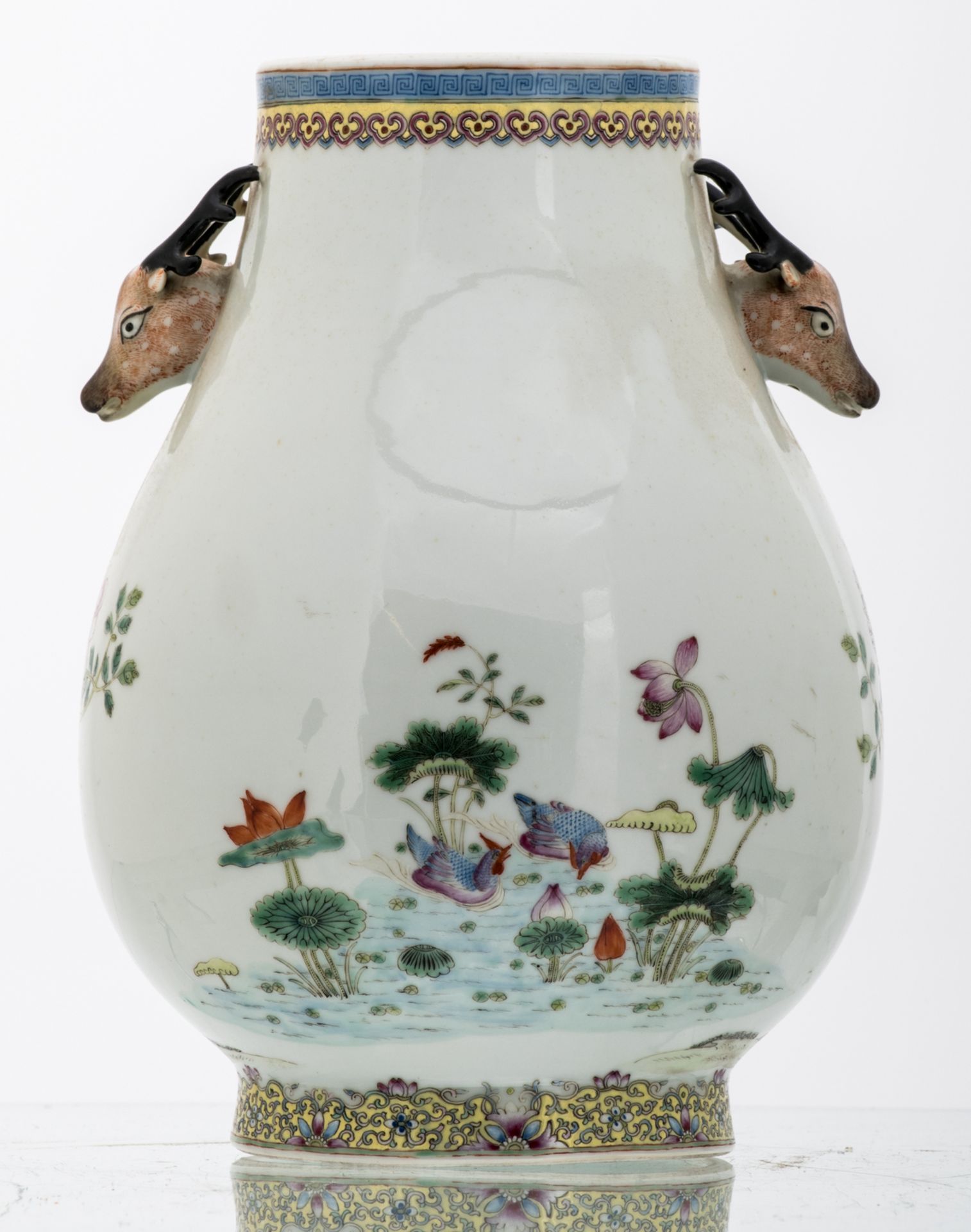 A Chinese famille rose decorated Hu vase with birds and flower branches, the handles deer head - Image 3 of 8