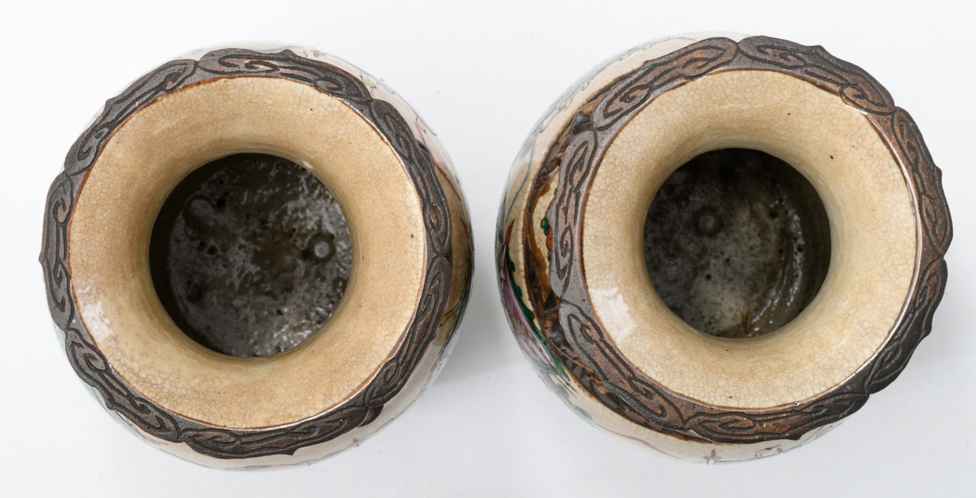 A pair of Chinese stoneware vases, overall polychrome decorated with warriors, marked, about 1900, H - Image 5 of 6