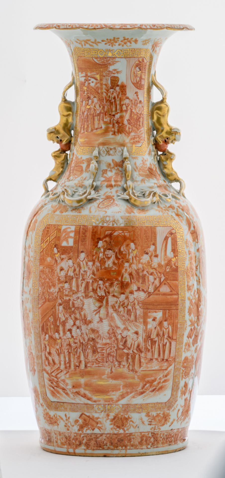 An exceptional Chinese iron red gilt decorated vase with various court scenes, the handles Fu lion - Image 3 of 6