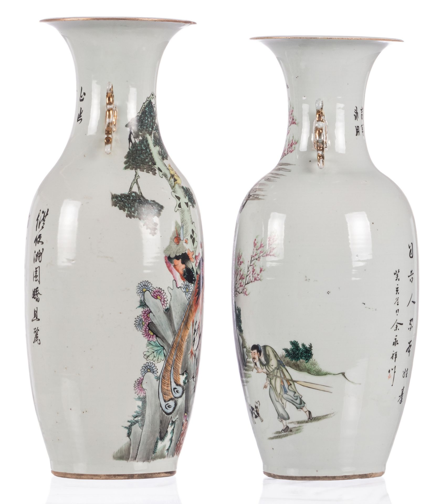 Two Chinese famille rose vases, one vase decorated with an animated scene and calligraphic texts and - Image 4 of 6