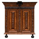 A fine 18thC rosewood Dutch so-called 'kussenkast' (cabinet) with marquetry in various woods and set