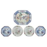 A Chinese octagonal blue and white and sur décoré plate depicting a garden scene, 18thC; added two