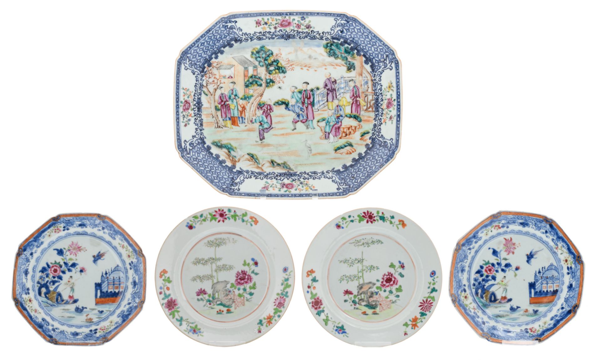 A Chinese octagonal blue and white and sur décoré plate depicting a garden scene, 18thC; added two