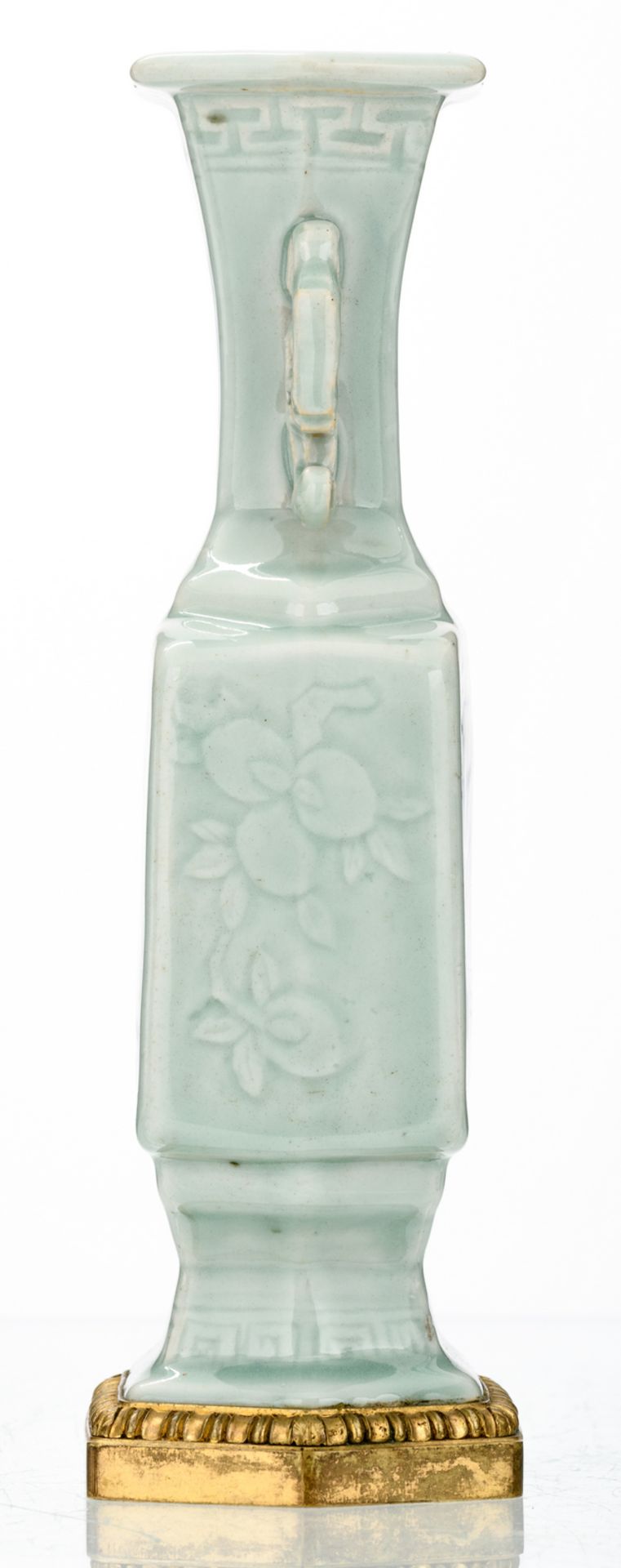 A Chinese celadon ground hexagonal vase, incised with floral and key pattern motifs, the roundels - Image 4 of 6