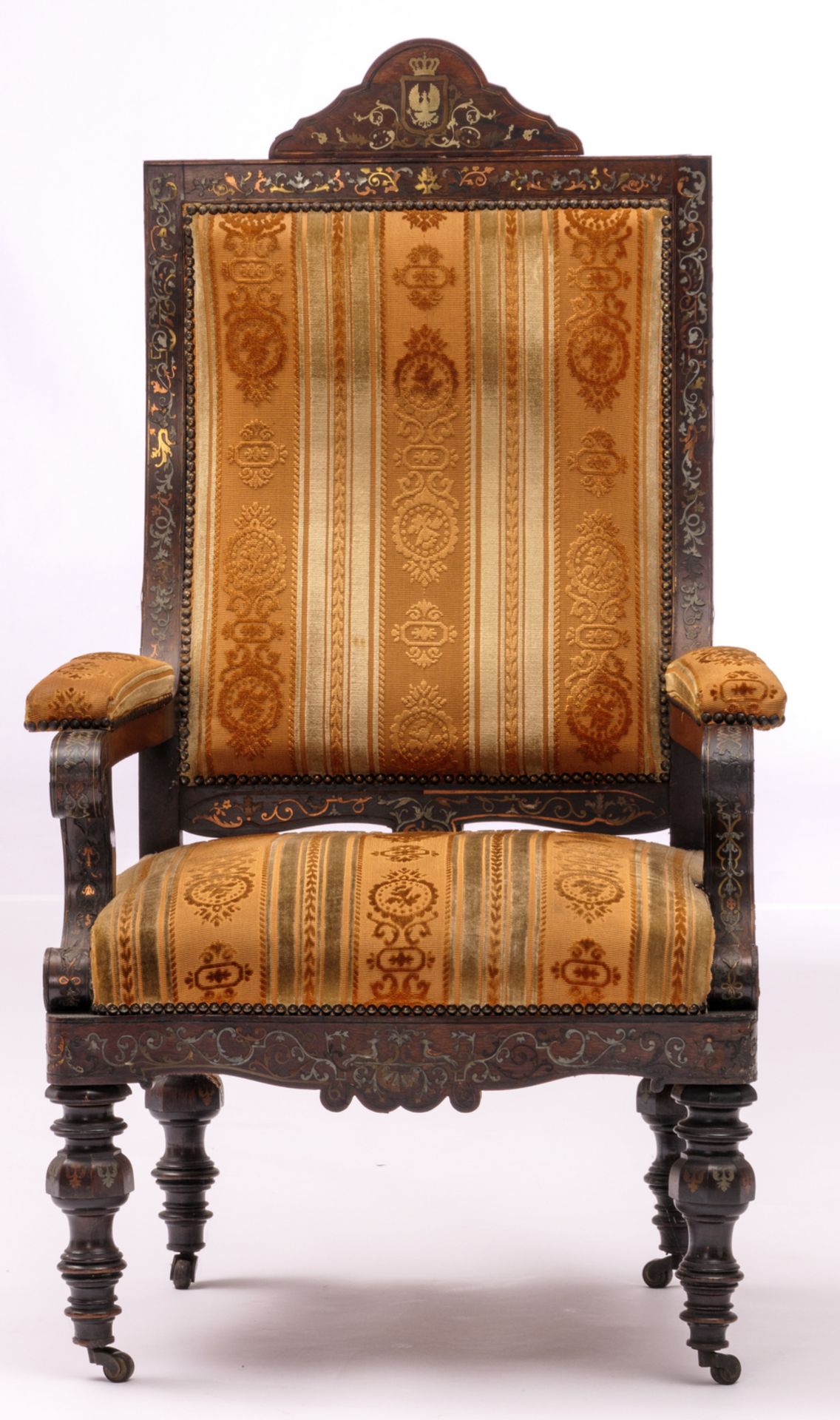 A rosewood and Boulle marquetry Baroque revival armchair, possibly Prussian, 19thC, H 123 - W 68 - D - Bild 2 aus 7