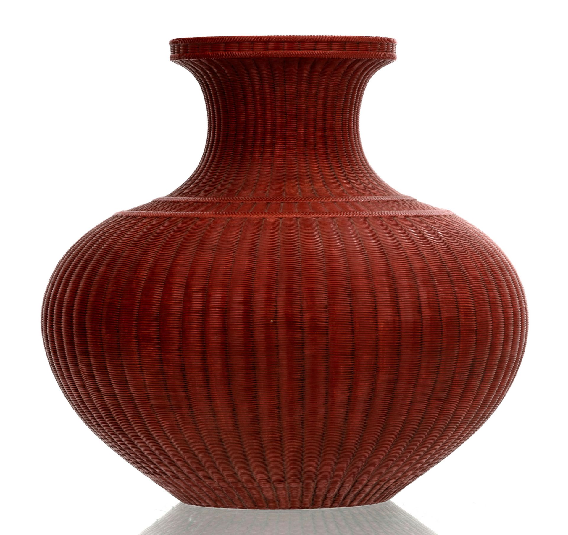 A fine Chinese red brown glazed reed basket shaped vase with a Yongzheng mark, H 40,5 cm - Image 5 of 7