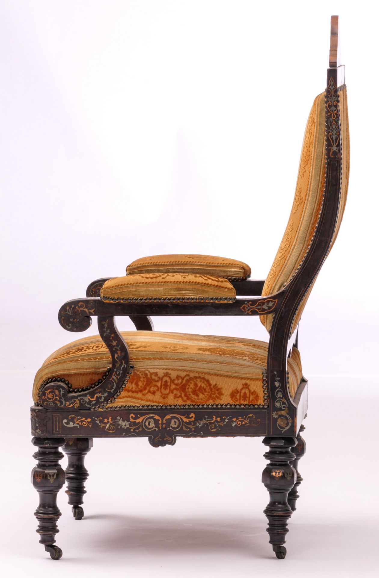 A rosewood and Boulle marquetry Baroque revival armchair, possibly Prussian, 19thC, H 123 - W 68 - D - Bild 3 aus 7