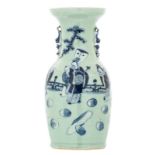 A Chinese celadon ground blue and white decorated vase with an animated scene, 19thC, H 43,5 cm