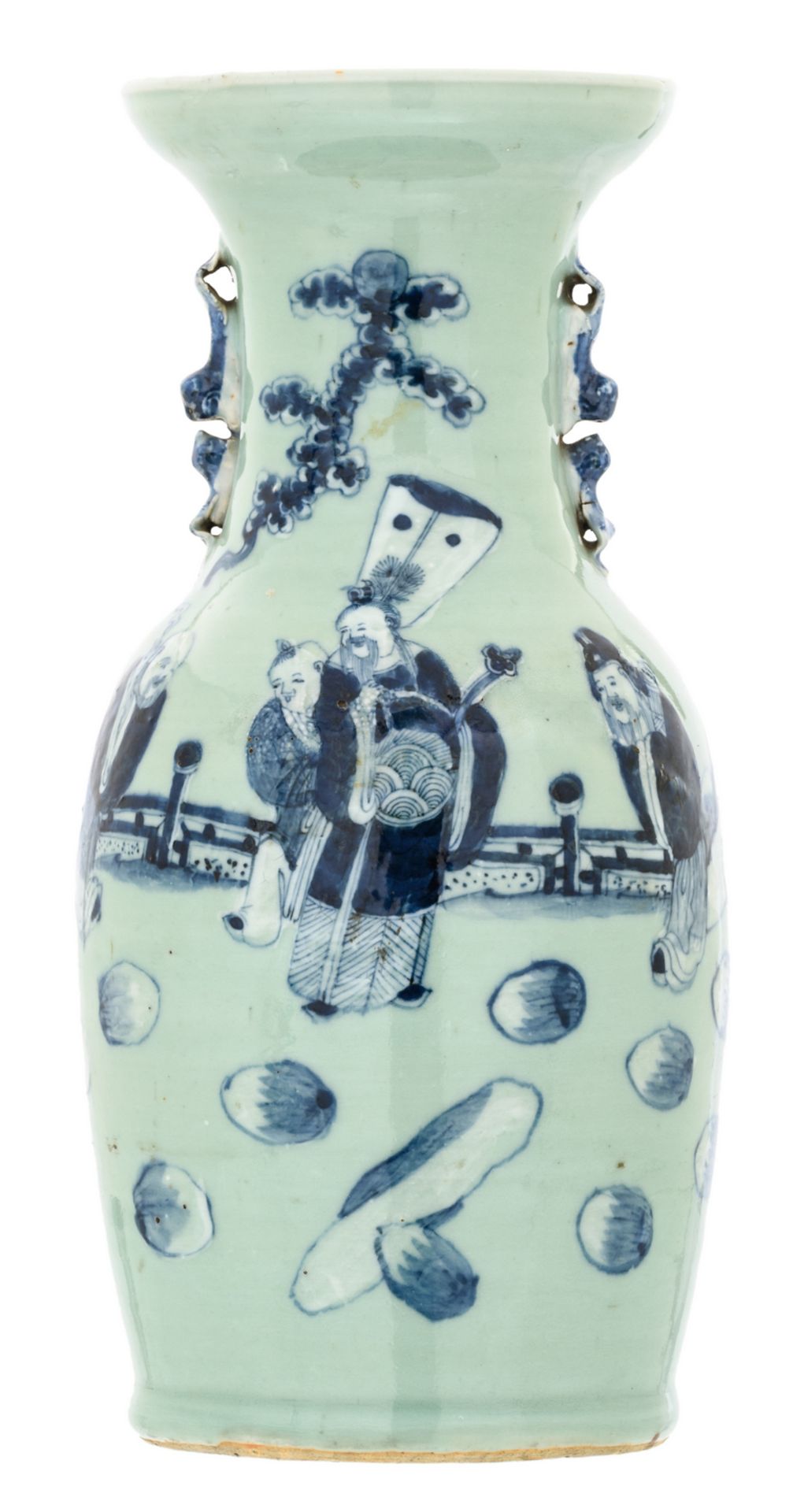 A Chinese celadon ground blue and white decorated vase with an animated scene, 19thC, H 43,5 cm
