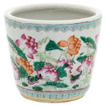 A Chinese famille rose jardiniere, overall decorated with ducks in a lotus pond, H 32 - D 36 cm