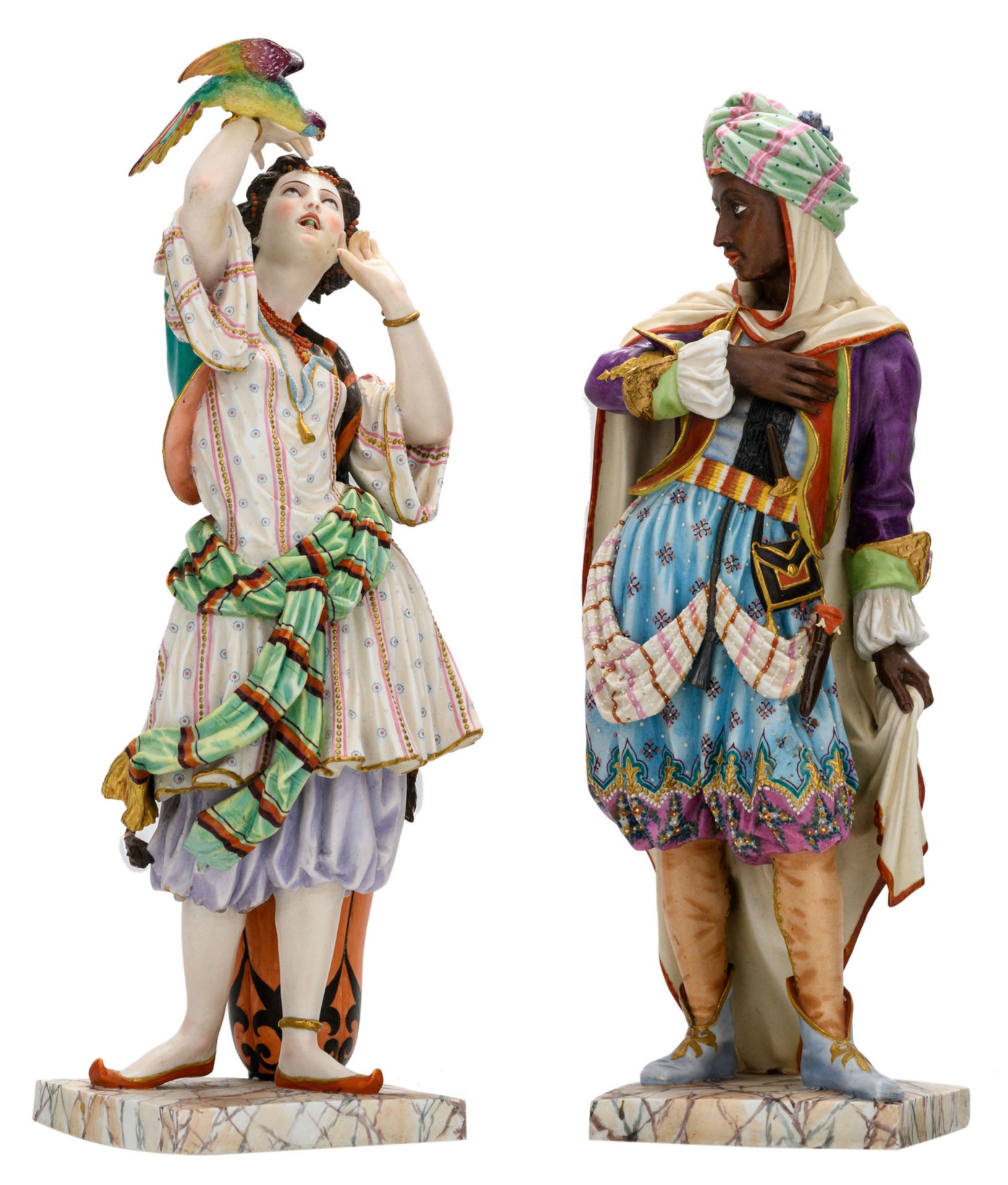 A polychrome decorated biscuit Moorish couple, marked J.G. (Jean Gille - Paris - active 1840-