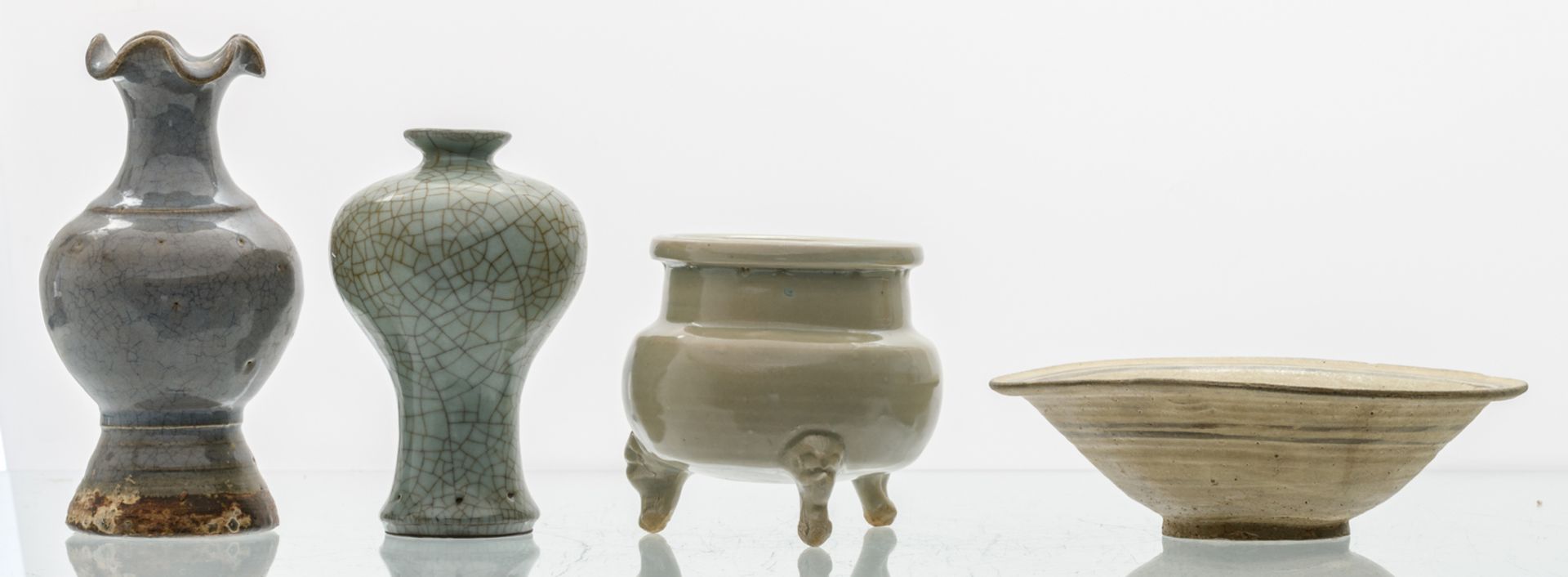 Two Chinese vases and a tripod incense burner in the jun ware manner, crackleware and celadon; added - Image 3 of 6