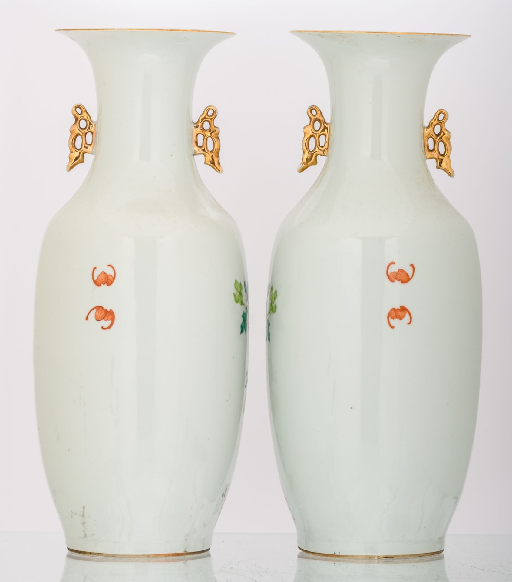 A pair of Chinese famille rose decorated vases with flower branches on a rock and bats, marked, H 58 - Image 3 of 6