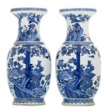Two Chinese blue and white decorated vases with rocks, phoenix, birds and flower branches, H 65,5