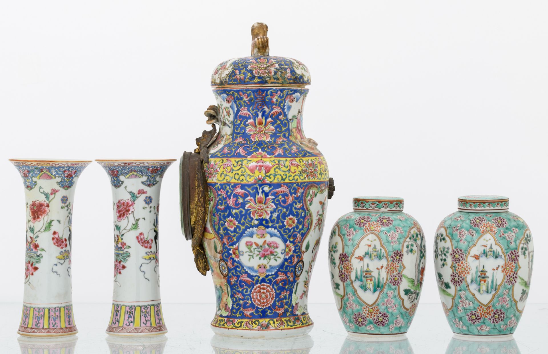 A pair of Chinese turquoise ground famille rose floral decorated ginger jars and covers, the - Image 2 of 8