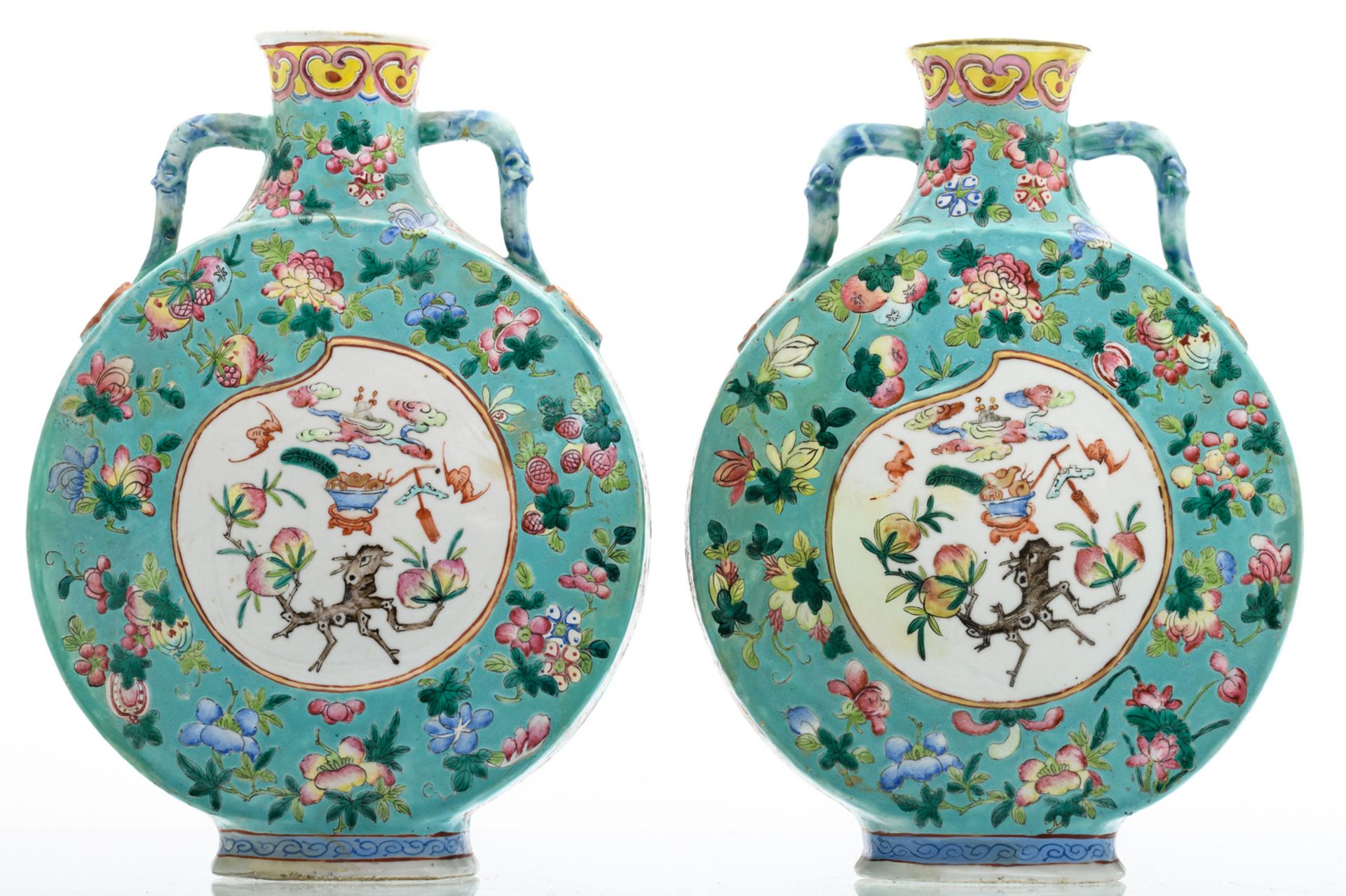 Two Chinese turquoise ground famille rose floral decorated moon flasks, the roundels with auspicious - Image 3 of 6