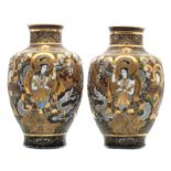 Two Japanese baluster shaped Satsuma vases, overall decorated with various deities, marked, Meiji
