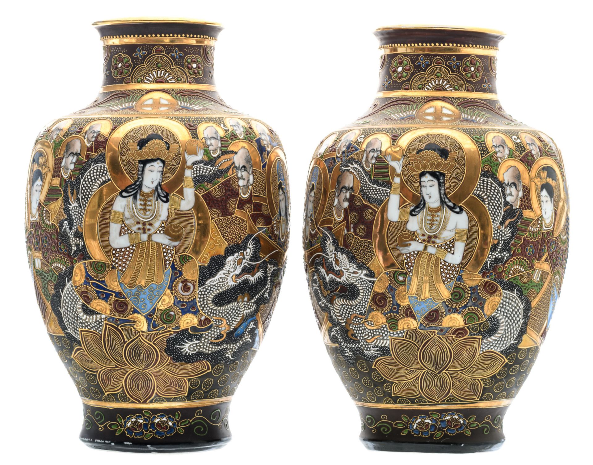 Two Japanese baluster shaped Satsuma vases, overall decorated with various deities, marked, Meiji