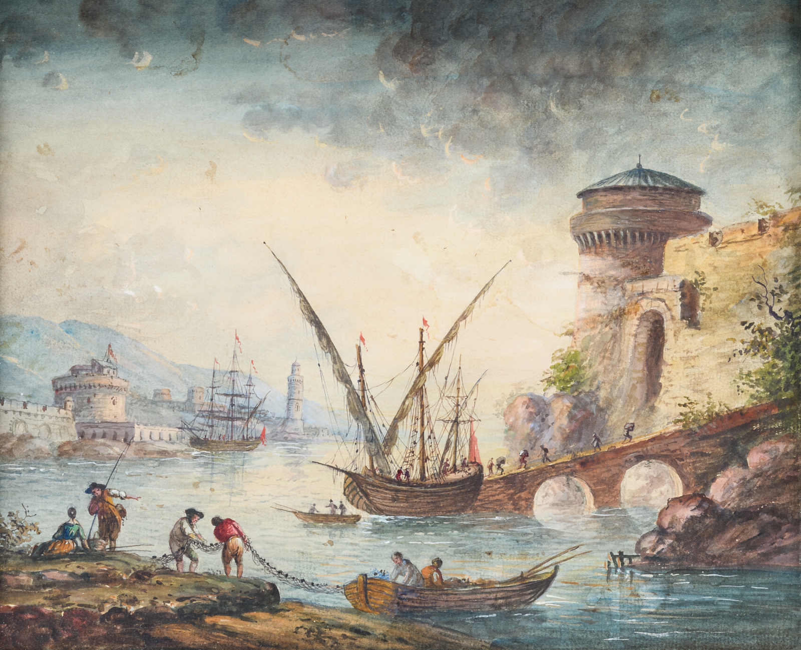 Unsigned, a view on a Mediterranian inner port, after an 18thC engraving, watercolour, 29 x 35 cm