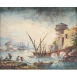 Unsigned, a view on a Mediterranian inner port, after an 18thC engraving, watercolour, 29 x 35 cm