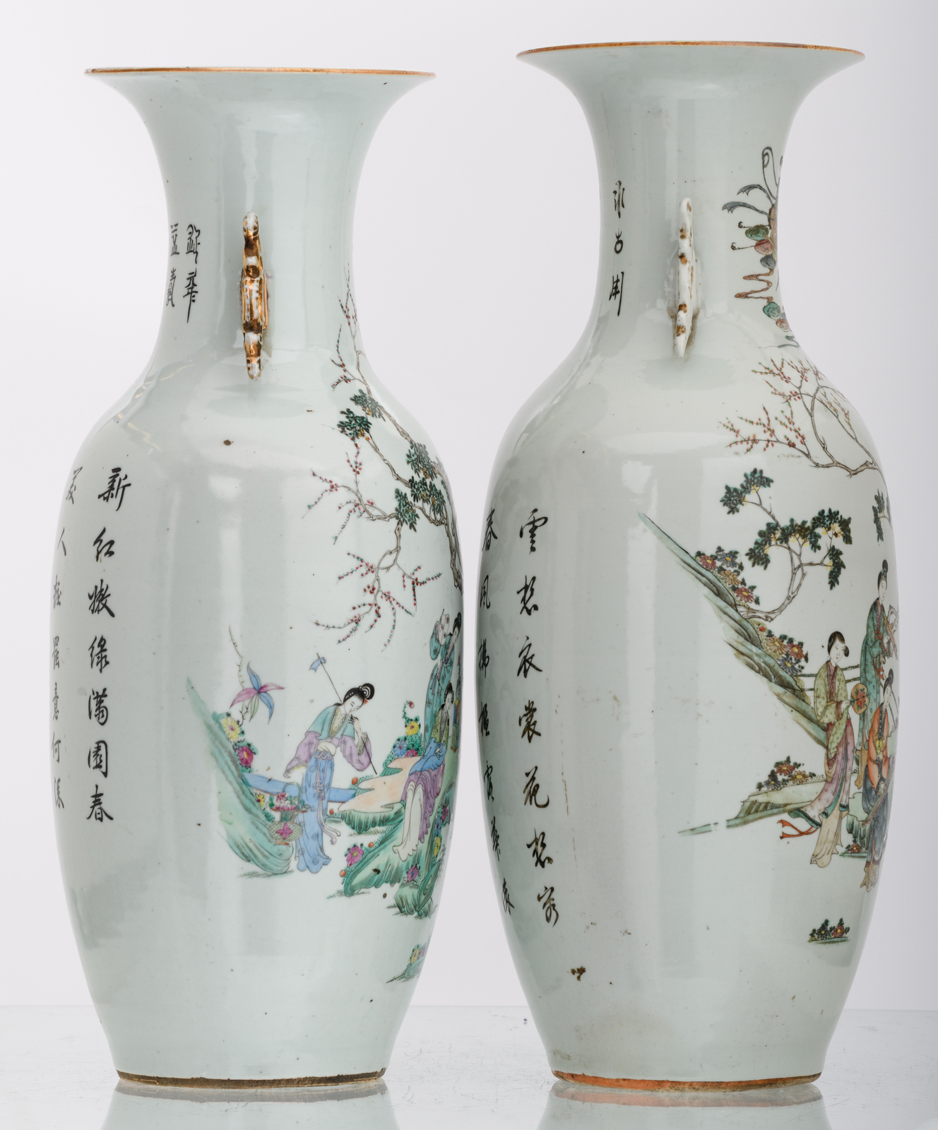 Two Chinese polychrome decorated vases with a gallant garden scene and calligraphic texts, one - Image 4 of 6