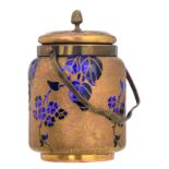 A first quarter of the 20thC blue crystal brass mounted Val-Saint-Lambert jar and cover, decorated