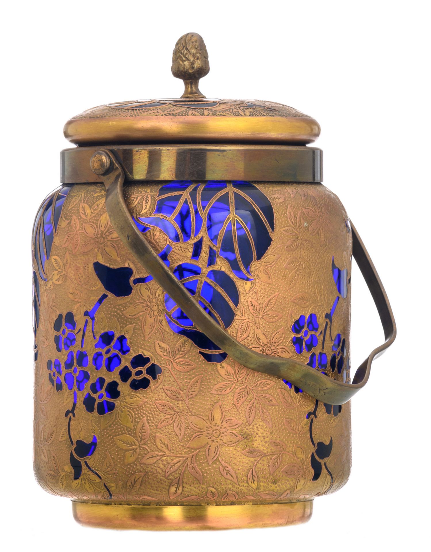 A first quarter of the 20thC blue crystal brass mounted Val-Saint-Lambert jar and cover, decorated